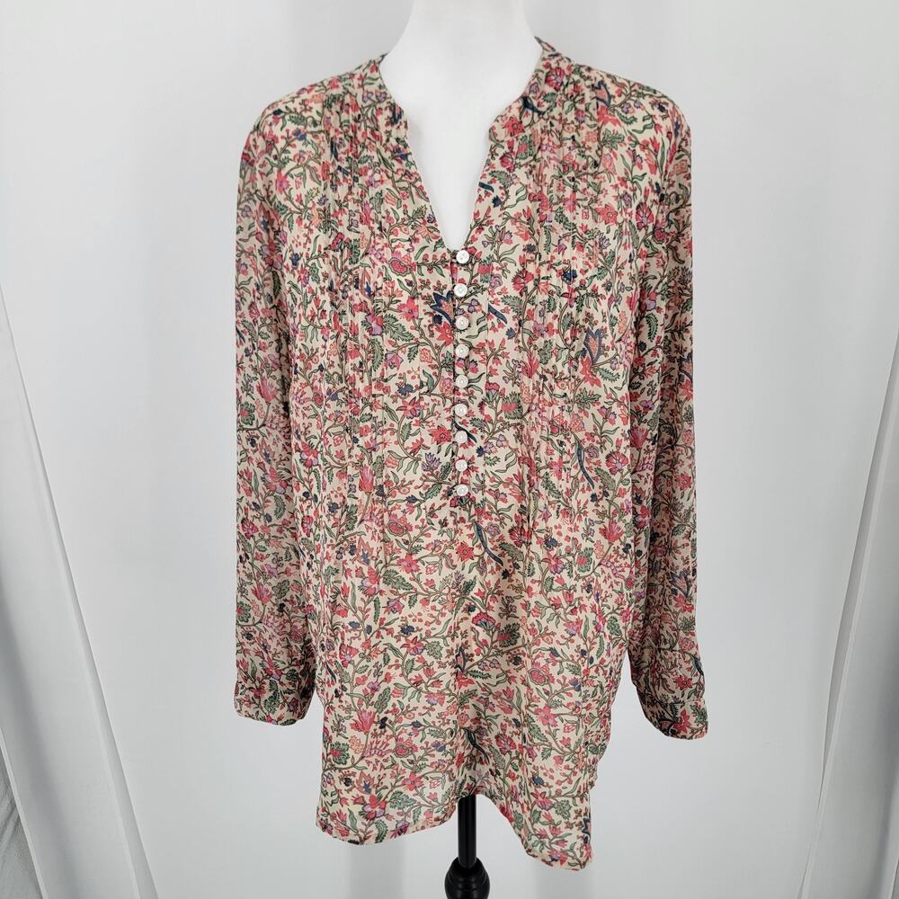 Coldwater Creek Floral V-Neck Popover Blouse XL Polyester Sheer Lined